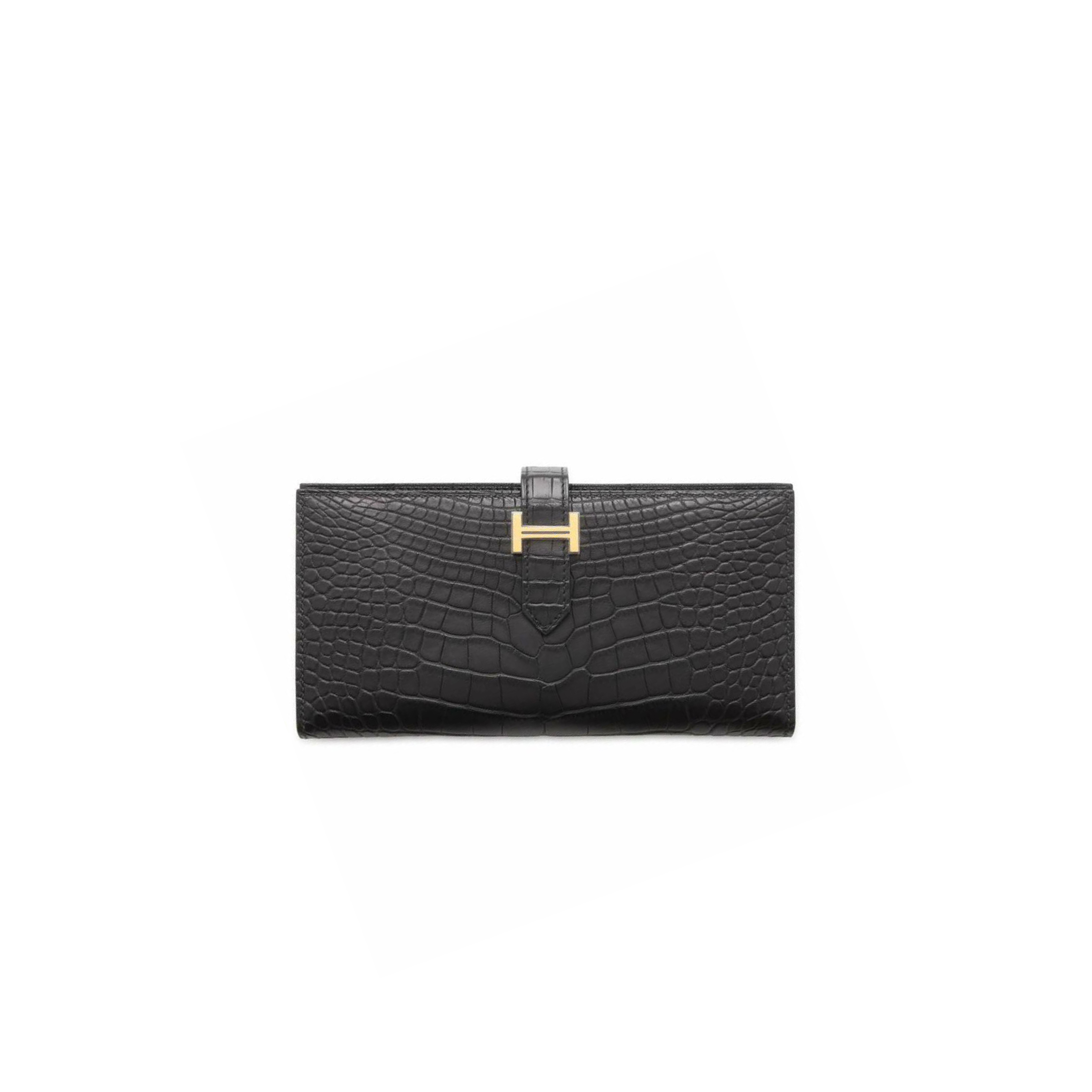 HERMÈS BEARN SOUFFLET LONG WALLET, BLACK GOLD HARDWARE, MATTE ALLIGATOR LEATHER (17.5*9cm)